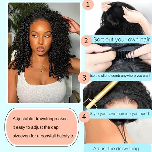 Kinky Curly Half Wig Human Hair Drawstring Seamless Flip Over Half Curly Wig Human Hair Invisible Hairline Glueless Wear and Go Wigs For Black Women Beginner Friendly 16Inch 200% Density