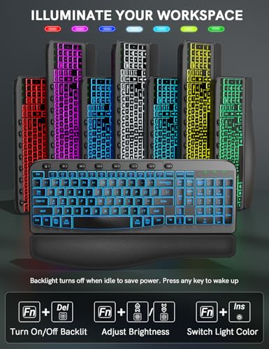SABLUTE Ergonomic Wireless Keyboard and Mouse Combo - Wave Keyboard with Soft Leather Wrist Rest, Resistant Keys, RGB Back...