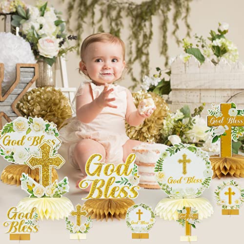 ANGOLIO White Gold Floral Honeycomb Centerpieces - 12Pcs Rose Greenery God Baptism Honeycomb Centerpieces Baby Shower Deco...