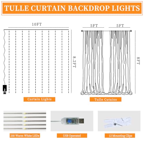 Patioman 10x8ft White Tulle Backdrop Curtain with Lights, Wrinkle-Free Sheer Wedding Backdrop for Birthday Parties, Baby S...