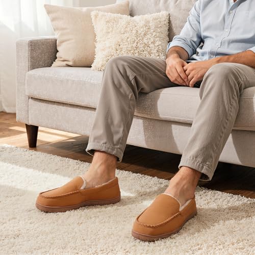 shoeslocker Men's Slippers Indoor Outdoor Warm Soft Plush Memory Foam House Slippers for Men Comfortable Bedroom Moccasin ...