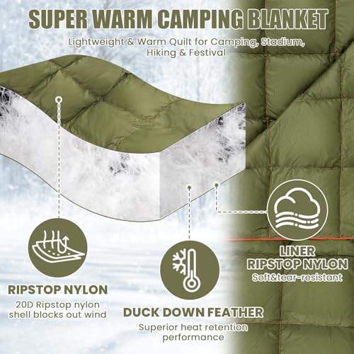 HunnmingRe Upgraded Hooded Down Camping Blanket Waterproof 650 Fill Puffy Poncho Blanket 77" x 50" Packable Wearable Sleep...