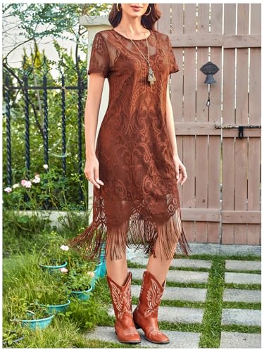 WDIRARA Women's Western Concert 2 Piece Outfits Short Sleeve Sheer Fringe Dress and Cami Dress Set