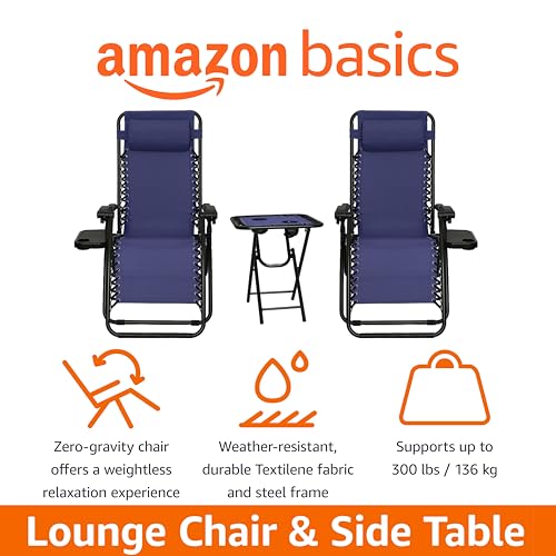 Amazon Basics Outdoor Textilene Adjustable Zero Gravity Folding Reclining Lounge Chair Set with Side Table, pack of 2, Blue