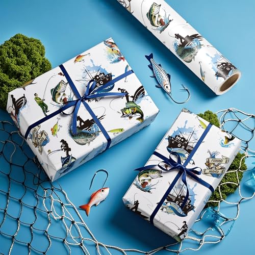 WRAPAHOLIC Fishing Wrapping Paper - Mini Roll - 17 Inch x 16.5 Feet - Adventure Fishing Birthday Wrapping Paper Perfect fo...