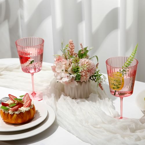 Domensi 24 Pack Plastic Wine Glasses Disposable 13 oz Ribbed Wine Glasses with Stem Unbreakable Reusable Cocktail Cups for...