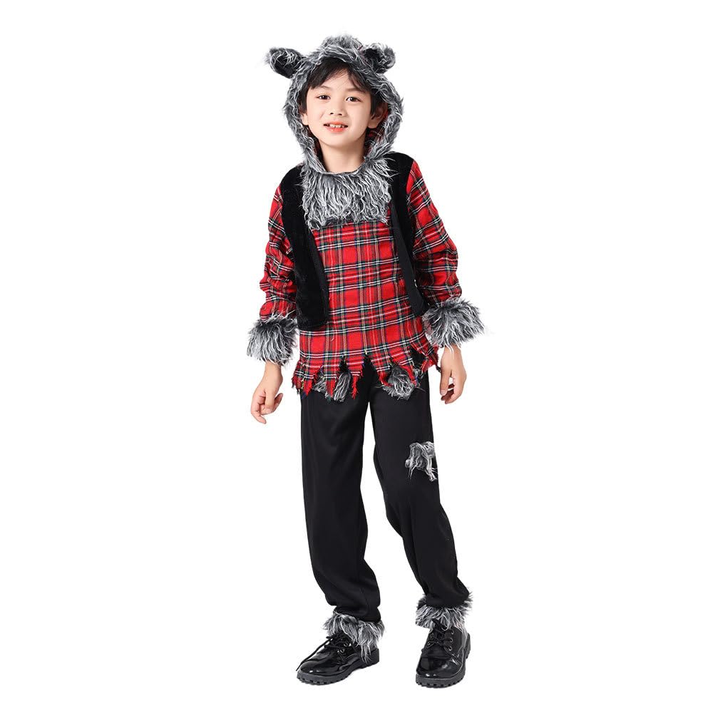 Biutiufiu Wild Wolfie Costume Hungry Howler Werewolf Halloween Costume for Boys Big Bad Wolf Dress Up Party (7-8 Years,Wolf)