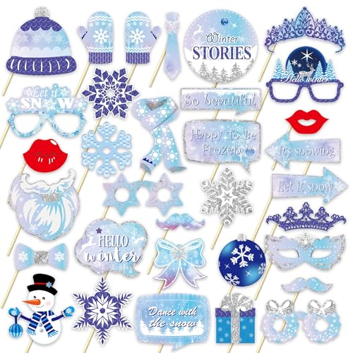 Winter Photo Booth Props - Set of 33 Winter Wonderland Party Decorations Christmas Photo Booth Props for Froze Party Holid...