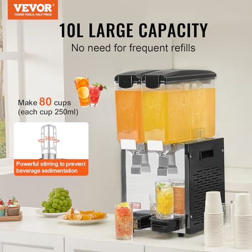 VEVOR Commercial Beverage Dispenser, 2 Tanks 10 L / 10.6 QT Per Tank Juice Dispenser, 270W Stainless Steel Ice Tea Drink M...
