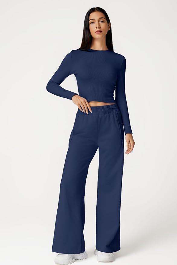 QINSEN Womens 2 Piece Sets Long Sleeve Slim Fit Crop Tops Wide Leg Pants Matching Lounge Set