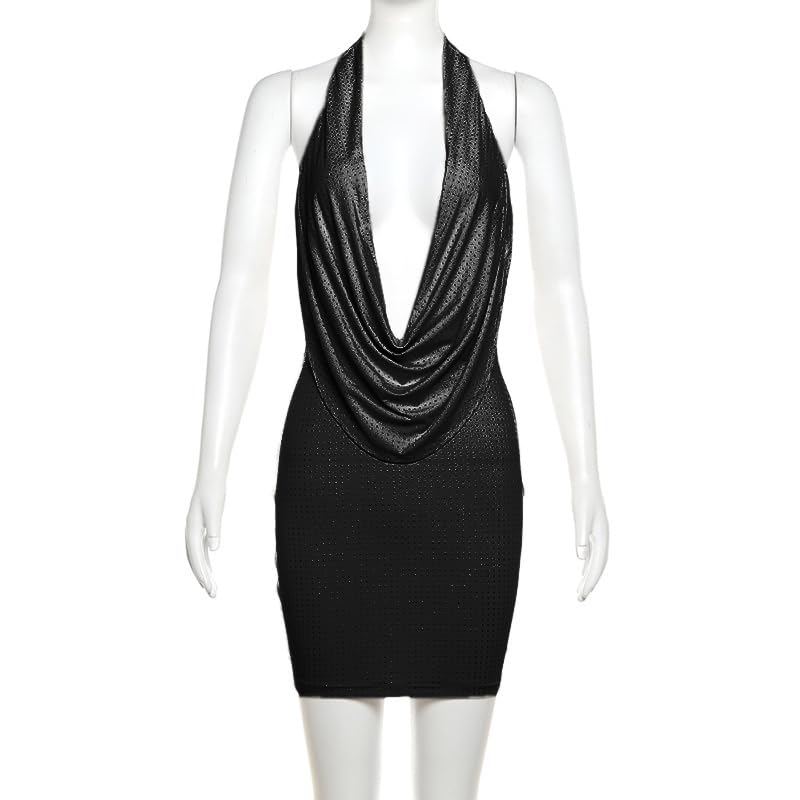 Women Sexy Sparkly Dots Prom Dress Halter Deep V Neck Ruched Backless Bodycon Mini Dress