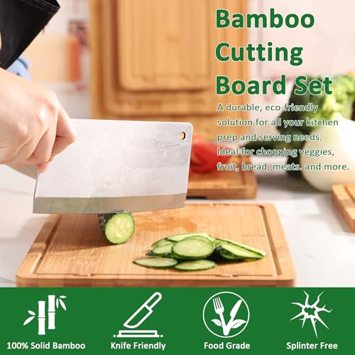 ZHESONOM Bamboo Cutting Boards Set, Organic Bamboo Cutting Board with Deep Juice Grooves & Built-in Handles for Meat, Vegetables, and Cheese Ideas Kitchen Gift for Home Cooks