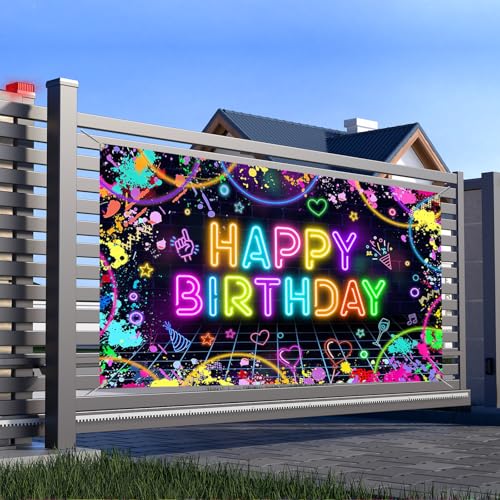 Mocsicka Neon Birthday Backdrop Banner Glow in The Dark Neon Birthday Party Decorations Glow Graffiti Splatter Photography...