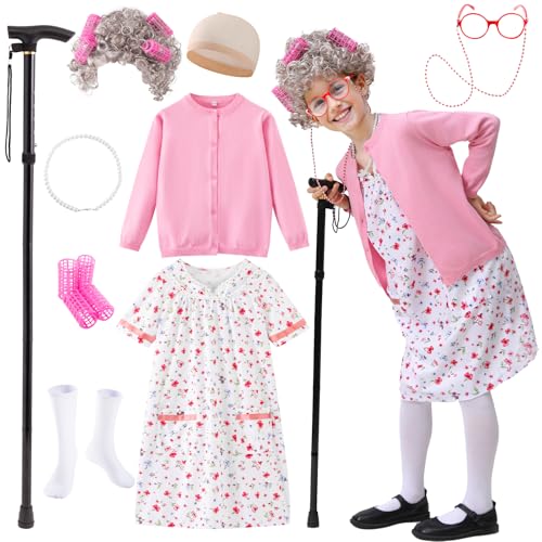 FUNSENLY Old Lady Costume for Kids Girls 100 Days of School Costume, Granny Grandma Dress Up for Girls