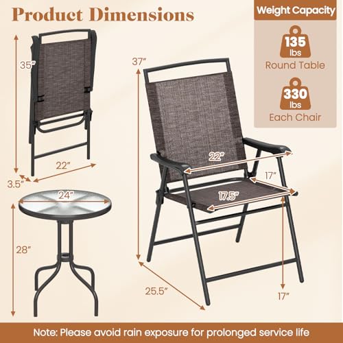 Goplus Patio Bistro Set, 3-Piece Patio Dining Furniture Set with Round Tempered Glass Table, 2 Foldable Chairs, Small Outd...