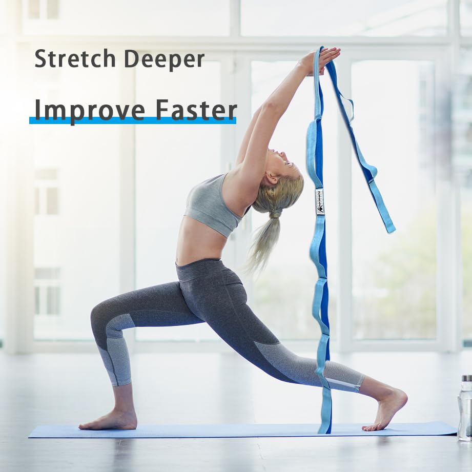 Stretching Strap Yoga Strap with Loops, Stretch Straps for Physical Therapy, Non-Elastic Exercise Strap for Pilates, Dance and Gymnastics with Workout Guide (Light Blue)