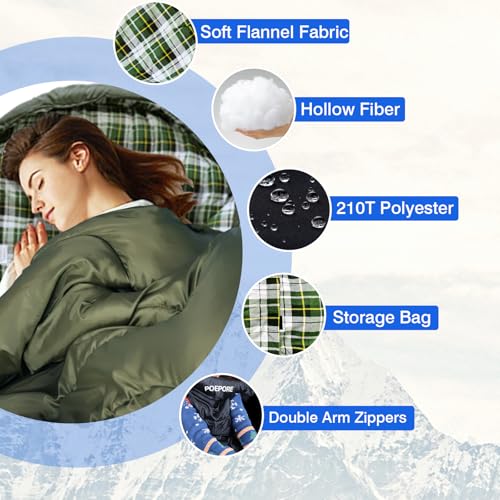 POEPORE Flannel Sleeping Bag Cotton 0 Degree Cold Weather for Adults XXL Wearable Sleeping Bag 4 Seasons Waterproof with C...
