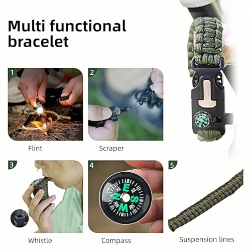 Chinshwehaw 5 in 1 Survival Bracelet-Fire Starter,Loud Whistle,Compass,Paracord Rope & Cutter,Military Grade Tactical Gear...
