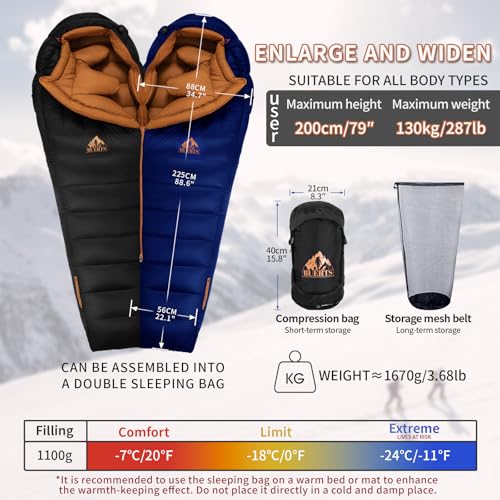 Down Backpacking Sleeping Bag for Cold Weather 20°F to -11°F, XXL Large Ultralight Sleeping Bag Ideal for Adults Camping, ...