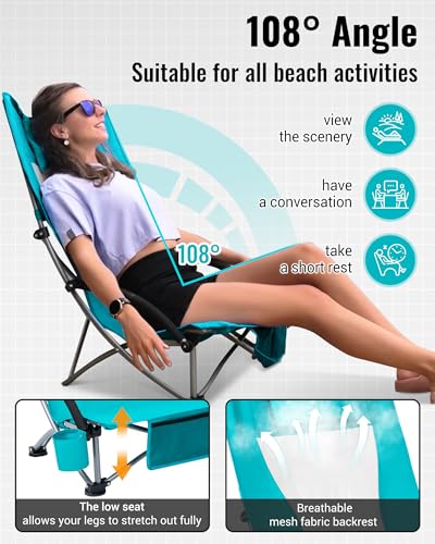KingCamp Low Beach Chairs, Folding Portable Chair for Adults Lightweight Extra Wide Seat 300lbs Heavy Duty Oversized Backp...