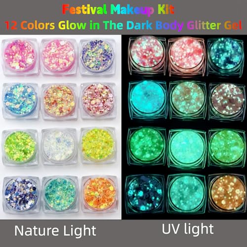 Glow in The Dark Glitter Gel with UV Neon Liquid Eyeliner Pen Set, Face Painting Makeup Kit, Christmas Mardi Gras Valentin...