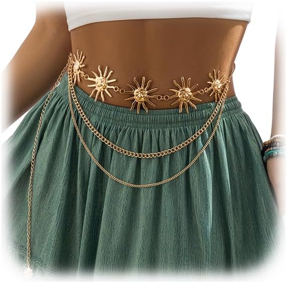 Women Multi-layere Tassel Sun Pendant Waist Belt Bikini Hollow Out Waist Chains Jewelry Metal Long Belly Chain Belt Rave P...