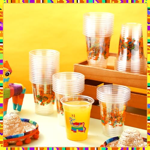 Yaomiao 50 Pcs Fiesta Cups Plastic Mexican Cups Bulk Disposable Margarita Glasses 12 oz Cinco De Mayo Fiesta Drinkware for...