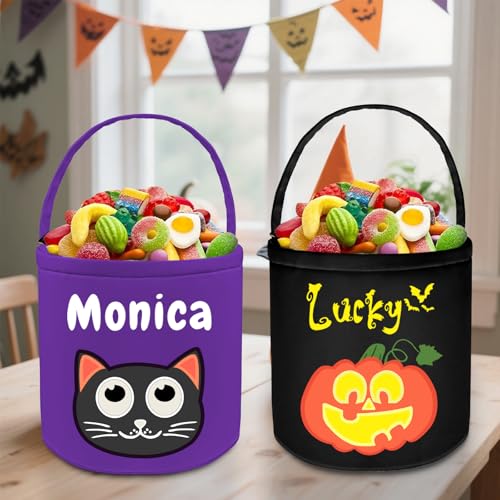 Sastridft Personalized Halloween Basket Custom Trick or Treating Bags with Name Customized Pumpkin Candy Bucket Gift for Boys Girls