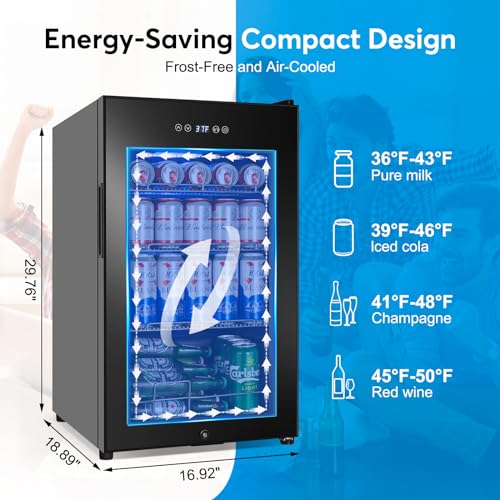 FoMup Beverage Refrigerator 17 inch Wide - 126 Can Beverage Cooler with Glass Door | Counter-Top/Freestanding Mini Beverag...