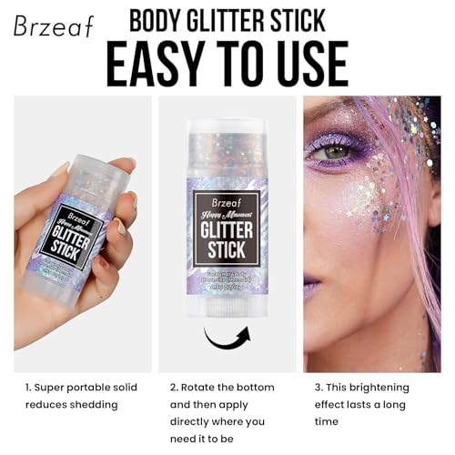 Brzeaf Waterproof Mermaid Glitter Stick, Shimmery& Long Lasting, Fairy Costume Body Face Glitter, Singer Concert Music Rav...