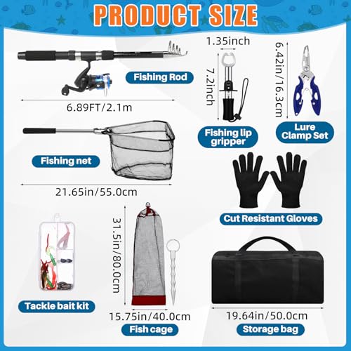 MiniInflat Telescopic Fishing Rod and Reel Combo, 6.89ft 2pcs Collapsible Rod with Plier Lip Gripper Lures Carrier Bag Pr...