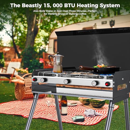 CAMPLUX 2 Burners & 1 Grill Propane Camping Stove, 15,000 BTU Portable Outdoor Propane Camping Grill Burner with Free Stan...
