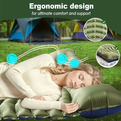 Pretyw Double Sleeping Pad for Camping - Ultralight Camping Mattress with Pillow, Built-in Foot Pump, Compact Inflatable ...