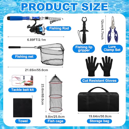 LaRandom 51 Pcs Christmas Fishing Pole Combo 6.89ft Telescopic Rods Set Collapsible Fishing Rods with Plier Lip Gripper Lu...