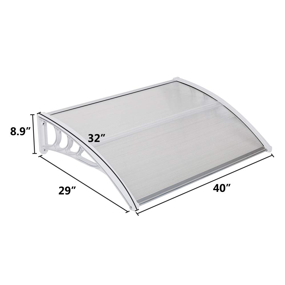 Outvita Window Awning Door Canopy 40"x30", Polycarbonate Cover Front Door Outdoor Patio Awning Canopy UV Rain Snow Sunlight Protection Hollow Sheet, Clear Board & White Bracket