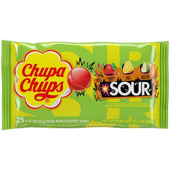 Chupa Chups Sour Fruit Lollipop Assortment, 3 Sour Flavors, Individually Wrapped Candy for Kids, 10.5 OZ Bag (25 Suckers) (Pack of 2)