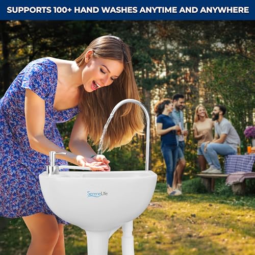 SereneLife Portable Camping Sink with 19L (5+ Gallon) Water Tank, Hands-Free Foot Pump, Soap Dispenser & Towel Holder, Com...