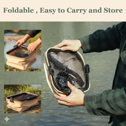 Collapsible Fishing Bucket 3.7 Gallon/14L - Portable Folding Live Bait Bucket with Aerator Pocket, Rope & Net for Live Fis...