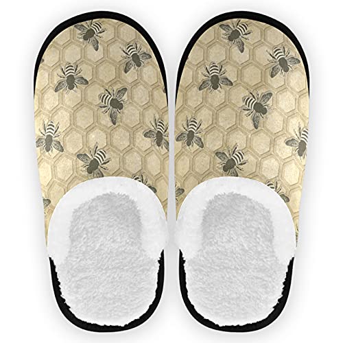 visesunny Retro Bee Honeycomb Pattern Cozy Fuzzy Womens Memory Foam House Slippers Plush Fleece Indoor Outdoor Slipper