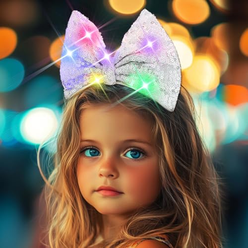 Formery Light Up Bowknot Headband Silver Sequin Bow Hairband Led Glitter Hair Accessories for Women