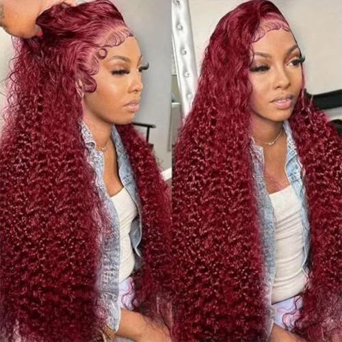 Burgundy Wig Human Hair 99j Burgundy 13x6 Deep Wave Lace Front Wigs Human Hair Pre Plucked HD Transparent Lace Frontal Wigs for Black Women Red Colored Wig 18 Inch