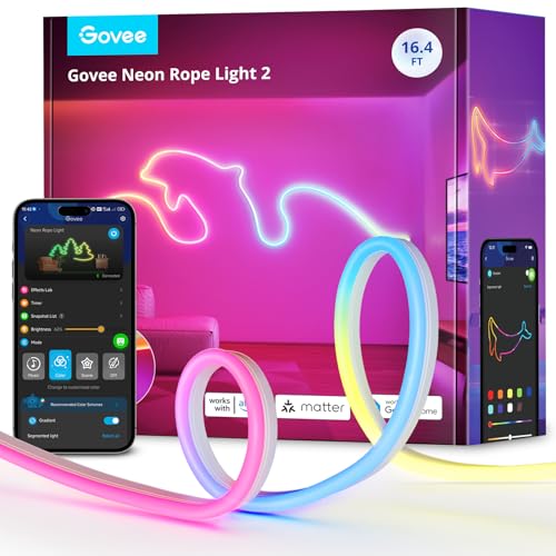 Govee RGBIC Neon Lights, LED Smart Neon Rope Light 2 Works with Matter, Alexa, Google Assistant, Custom DIY Neon Strip Lig...
