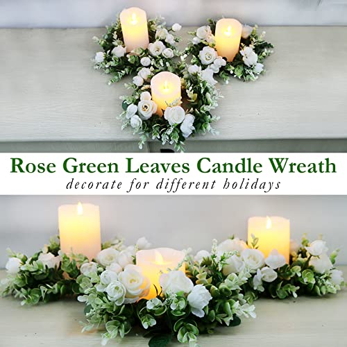 Acmee 4 Pcs White Rose Candle Rings - Artificial Floral Wreaths with Eucalyptus Leaves Greenery Garland for Pillar Candleh...