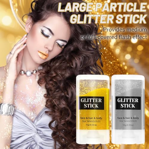 2PCS Face Body Glitter Stick,Gold Silver Hair Glitter Stick for Kids Women,Roll on Body Face Glitter Gel Makeup Hair Acces...