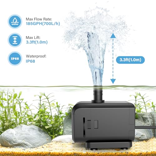 AQQA Submersible Aquarium Water Pump, Fountain Pump with Adjustable Flow,Dual-Suction Side/Bottom Intake,Ultra-Quiet Therm...