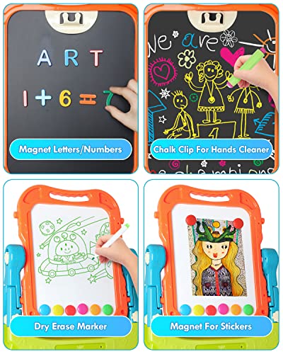 Lehoo Castle Easel for Kids, 4 in 1 Double Sided Kids Art Easel with Magnetic White Board & Chalk Board, Adjustable Standi...