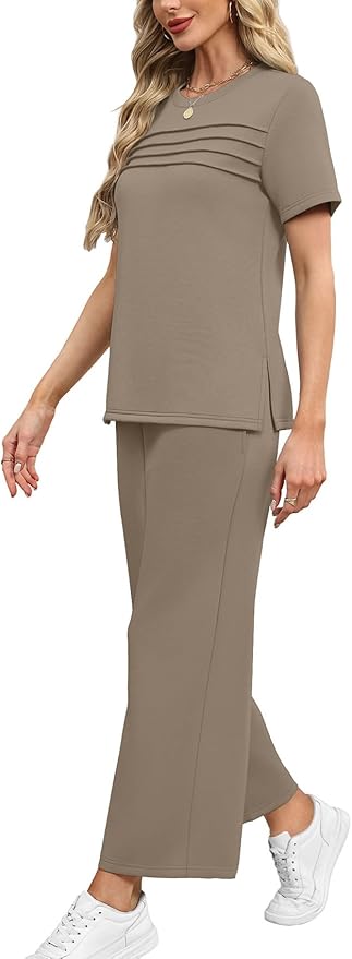 WIHOLL Two Piece Sets for Women Summer Travel Vacation Outfits Short Sleeve Lounge Sets Side Slit Wide Leg Pants S-3XL
