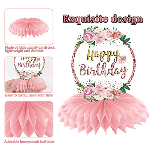 Aodocuto Pink Rose Gold Birthday Decorations Floral Honeycomb Centerpieces for Women Girls, 8pcs Floral Birthday Table Cen...