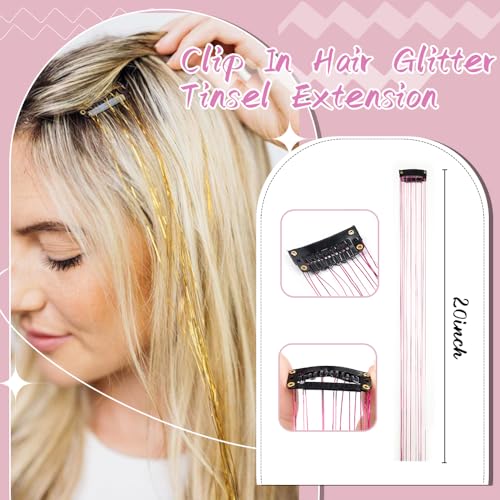 Hair Tinsel Pack of 12 Pcs Colorful Glitter Hair Accessories 20 Inch Clip in Hair Tinsel Extensions Fairy Hair Accessories...