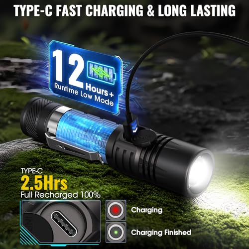 Rechargeable Tactical Flashlights, High Lumens Small Mini USB-C LED Flashlight, Compact EDC Flash Light, 4 Modes&Memory Fu...